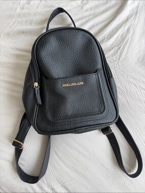 Jones New York Black Pebbled Leather Mini Backpack with Gold Logo
